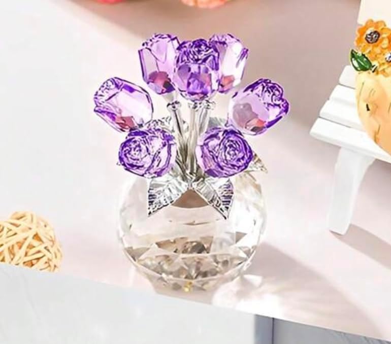 Crystal Purple Rose Bouquet Figurine - Premium Glass Flower Ornament with Gift Box - Perfect for Mother's Day, Birthday, Anniversary, Wedding - Elegant Home Decor, Collectible Gift (13cm tall)