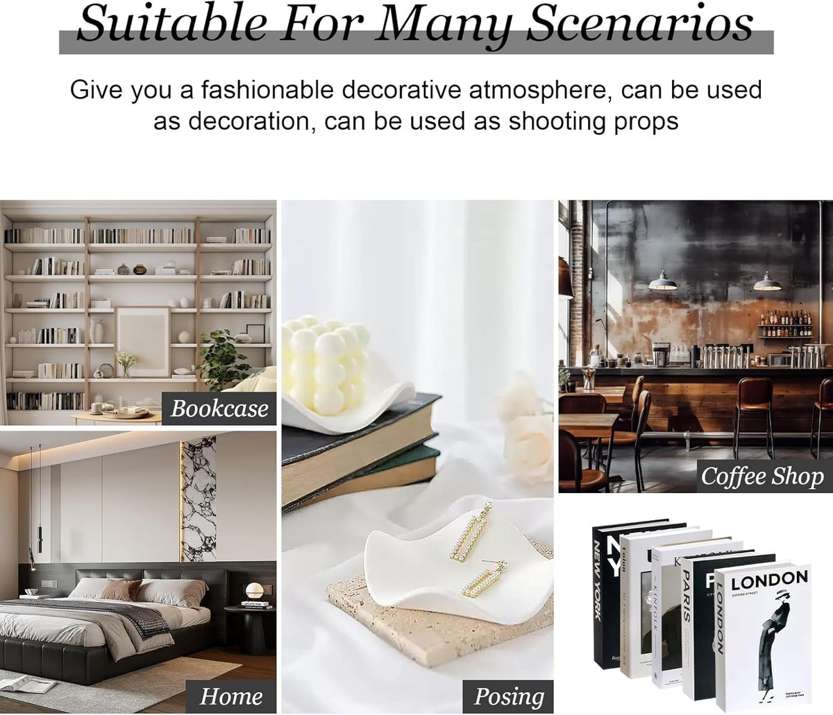5 PCS Decorative Fake Books Set, Fashion Hardcover Display Books for Home Décor - Foldable Faux Book for Coffee Table, Bookshelf, Office - Stacked Modern Decorative Book Set (B)