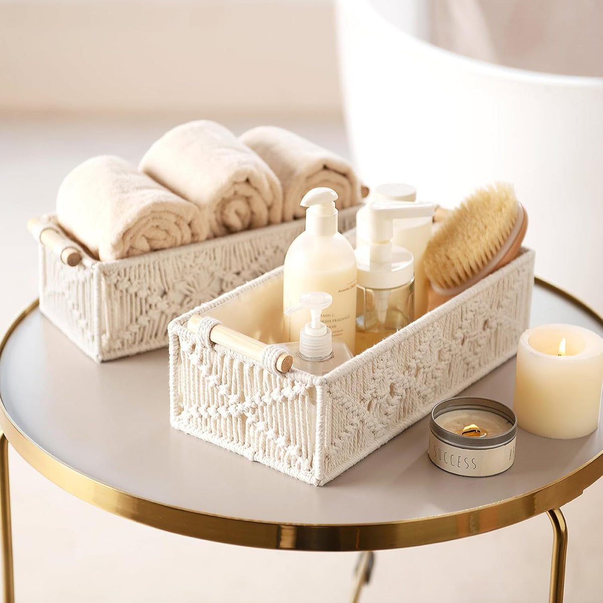 Mkono Macrame Storage Baskets Decor Box Handmade Woven Decorative Countertop Toilet Tank Shelf Cabinet Organizer Boho Decor for Bedroom Nursery Livingroom, Set of 2