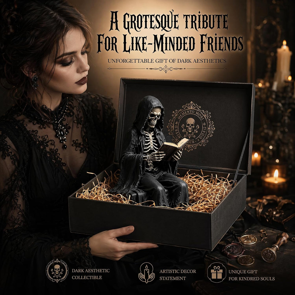 Gothic Dark Fantasy Sitting Reaper Reading Book Sculpture