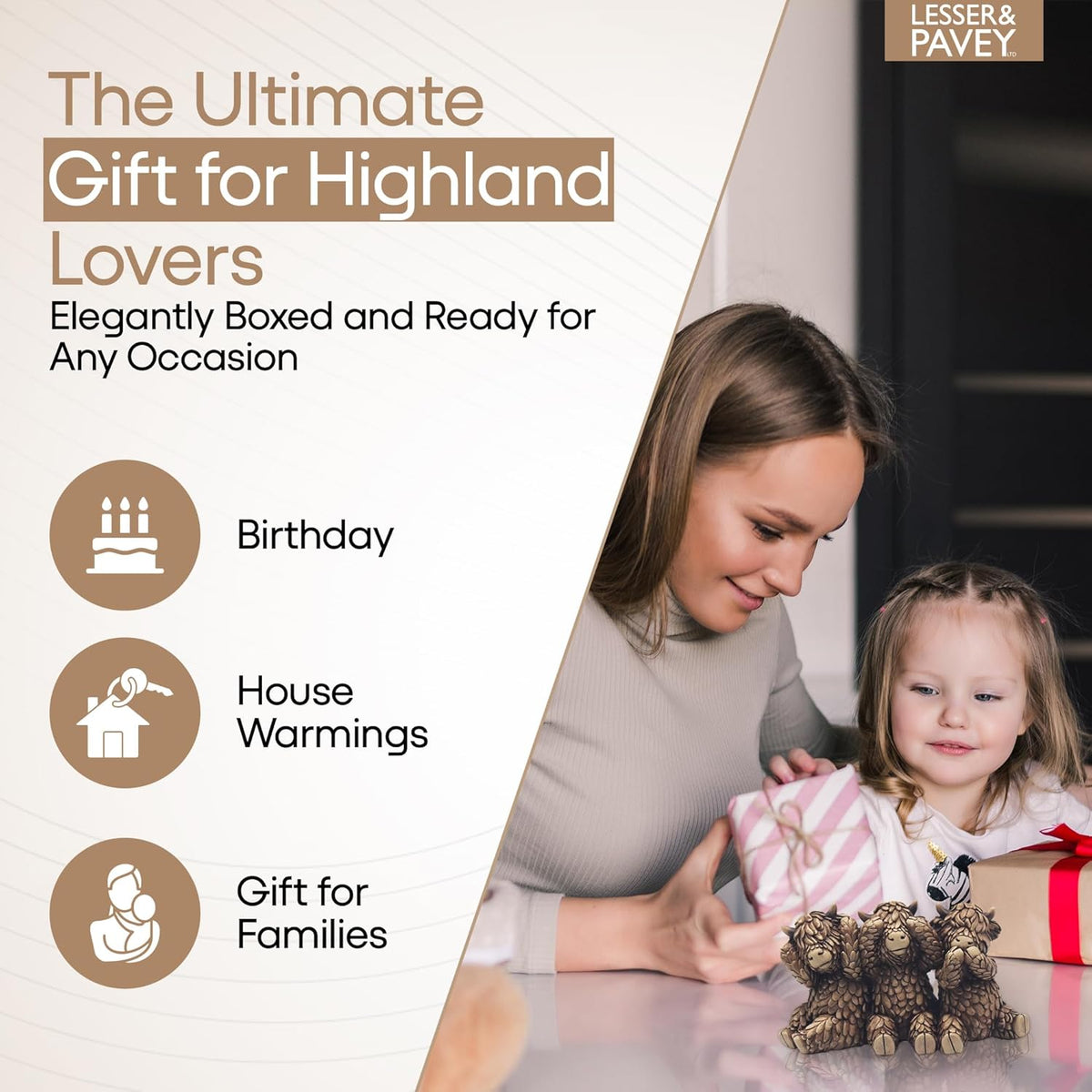 Lesser & Pavey Hughie Highland Cows Figurines Statues For Home Decor | Ideal Ornaments Friendship Gifts For Women & Men | Lovely Table Centerpiece & Living Room Accessories, Brown
