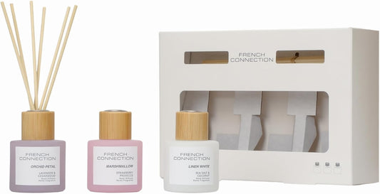 French Connection Pastel Reed Diffuser Gift Set Trio 3 x 50G - Home Fragrance Diffusers with Reeds, Decorative Diffuser Sticks for Living Room, Bathroom Decor, Room Freshener, Home Accessories
