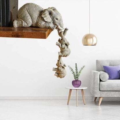 Elephant Shelf Sitter, Mother Elephant Hanging 2 Baby Elephants on the Edge Sitter Figurines Resin Collectable Figurines for Home Decor Gift, Grayish Brown (Resin-Elephant)