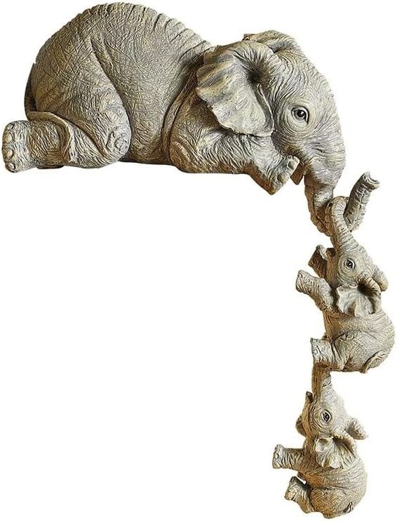 Elephant Shelf Sitter, Mother Elephant Hanging 2 Baby Elephants on the Edge Sitter Figurines Resin Collectable Figurines for Home Decor Gift, Grayish Brown (Resin-Elephant)