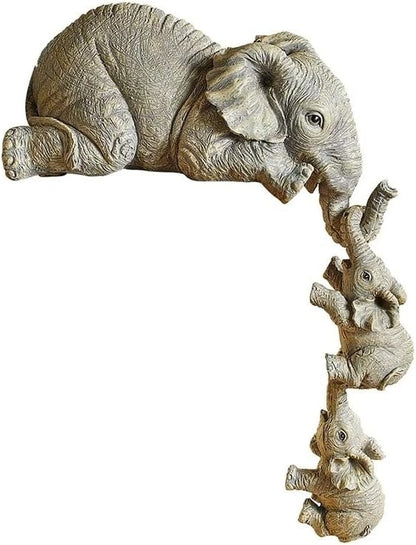 Elephant Shelf Sitter, Mother Elephant Hanging 2 Baby Elephants on the Edge Sitter Figurines Resin Collectable Figurines for Home Decor Gift, Grayish Brown (Resin-Elephant)