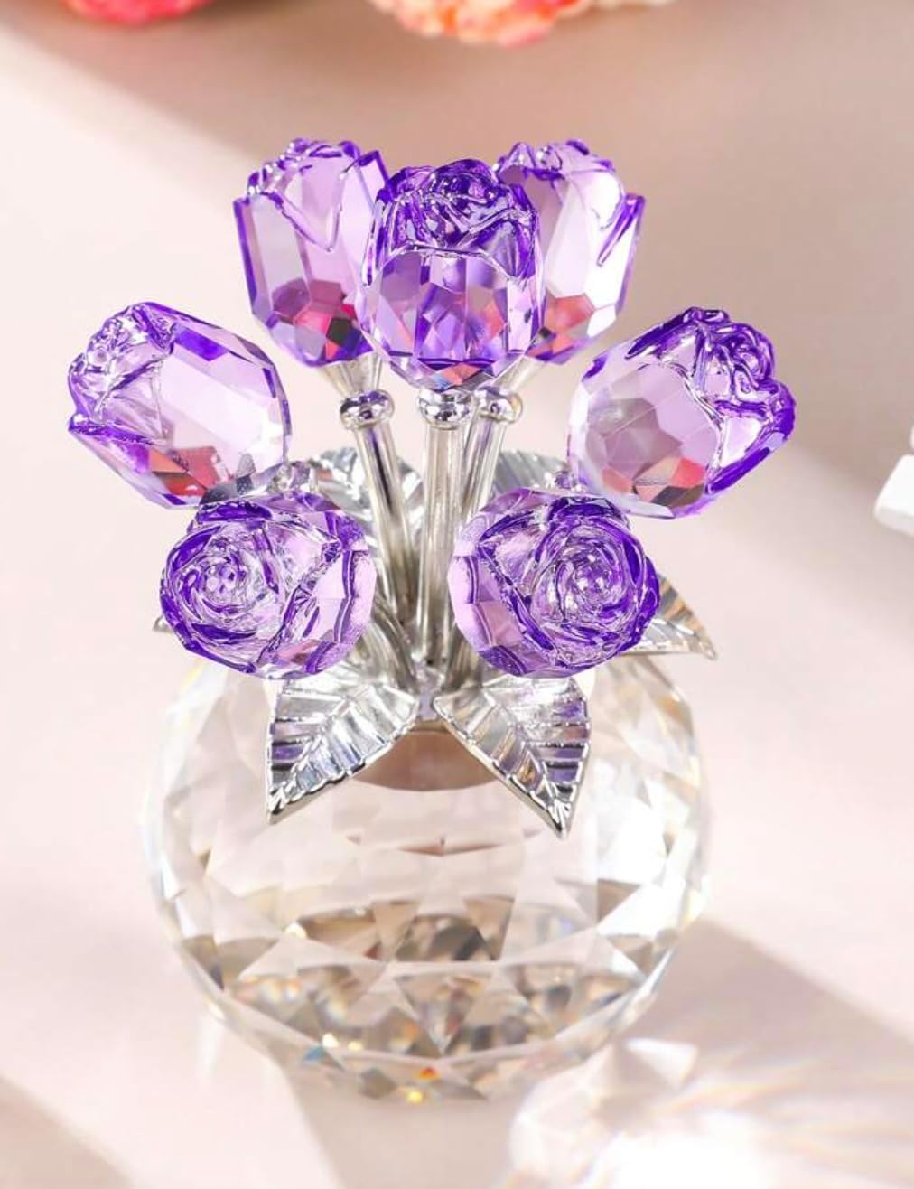 Crystal Purple Rose Bouquet Figurine - Premium Glass Flower Ornament with Gift Box - Perfect for Mother's Day, Birthday, Anniversary, Wedding - Elegant Home Decor, Collectible Gift (13cm tall)