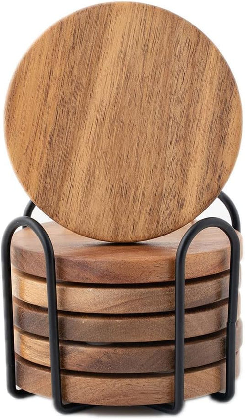 Acacia Wood Coasters Set of 6 with Holder