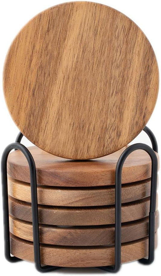 Acacia Wood Coasters Set of 6 with Holder
