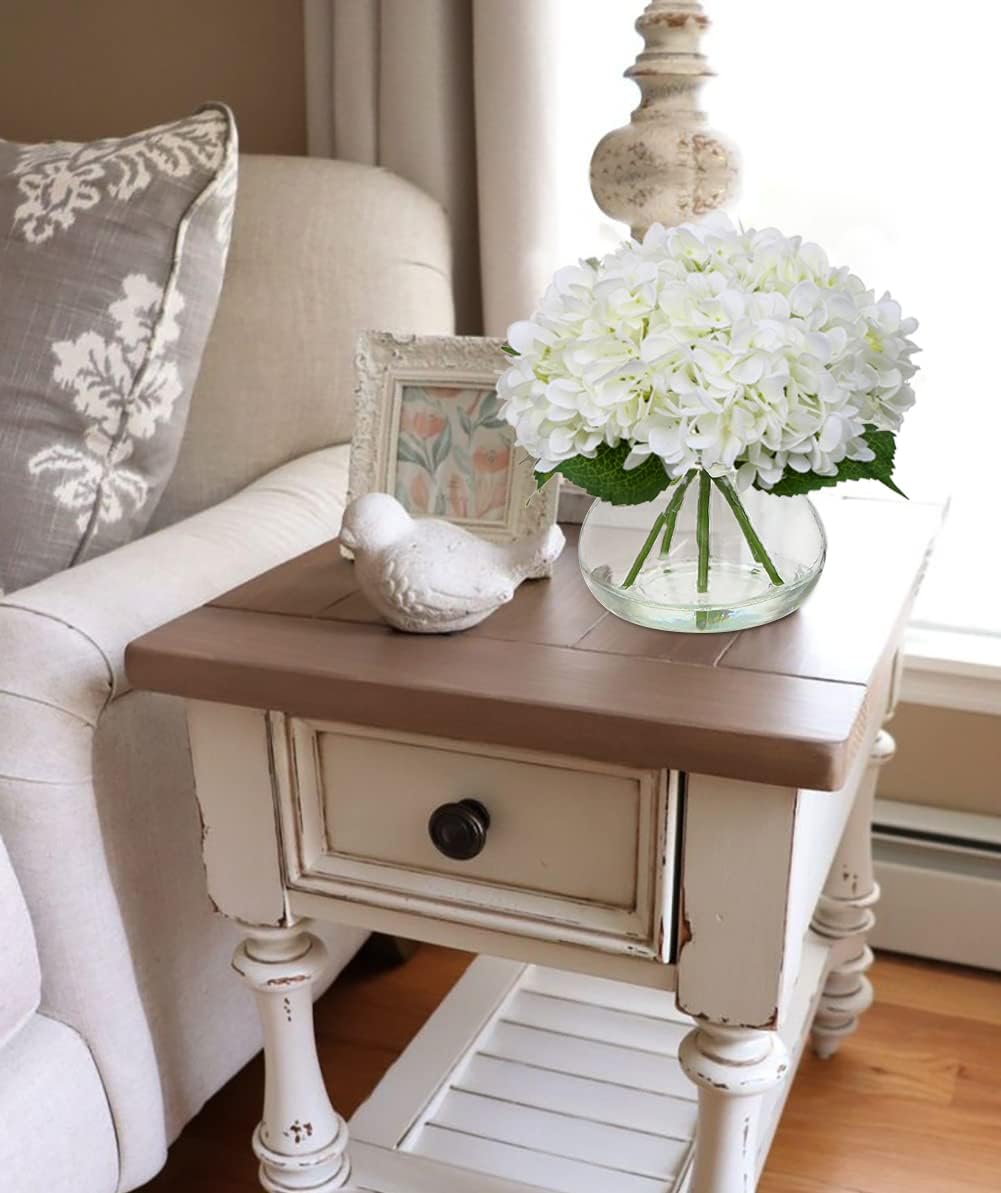 Oairse Hydrangea Artificial Flowers with Vase Silk Fake Hydrangea Flower in Glass Vase with Faux Water Real Touch White Faux Flower Arrangement for Home Bathroom Wedding Table Centerpiece Decoration