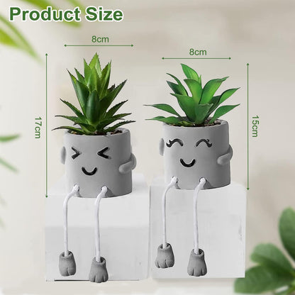 Funvalley Surperfect 2 Pack Cute Artificial Potted Plant Fake Plants Potted with Hanging Leg, Emotional Cement Faux Succulents Potted Plants Decor for Home Office Bookshelf Bathroom Shelf Table Desk