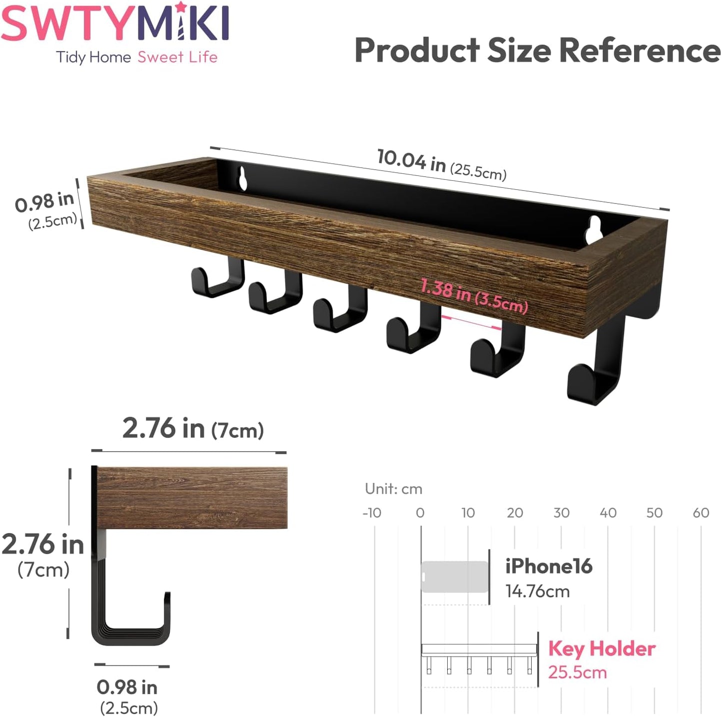 Key Holder with Wood Tray and 6 Hooks