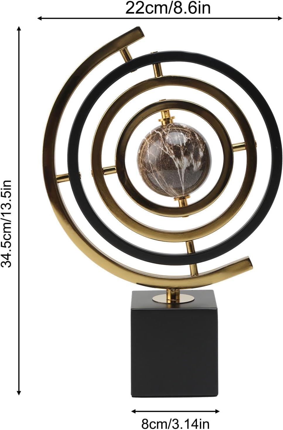 Modern Sculpture Decor, Abstract Art Metal Globe Ornament for Desk Office | Rotating Desktop Globe for Geographic Home Table Decoration Adult Decorative Book Shelf with Rectangle Stand, Black & Gold