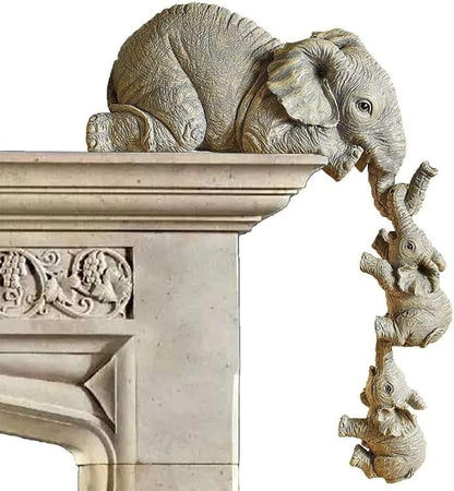 Elephant Shelf Sitter, Mother Elephant Hanging 2 Baby Elephants on the Edge Sitter Figurines Resin Collectable Figurines for Home Decor Gift, Grayish Brown (Resin-Elephant)