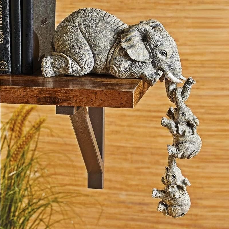 Elephant Shelf Sitter, Mother Elephant Hanging 2 Baby Elephants on the Edge Sitter Figurines Resin Collectable Figurines for Home Decor Gift, Grayish Brown (Resin-Elephant)