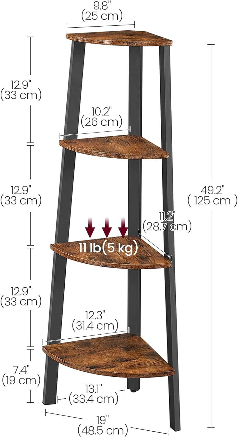 VASAGLE - Corner Shelf Bookcase - 4 Tier Ladder Shelf - Storage Unit, Plant Holder for Living Room - Industrial Style with Steel Frame - Rustic Brown and Black - LLS34X