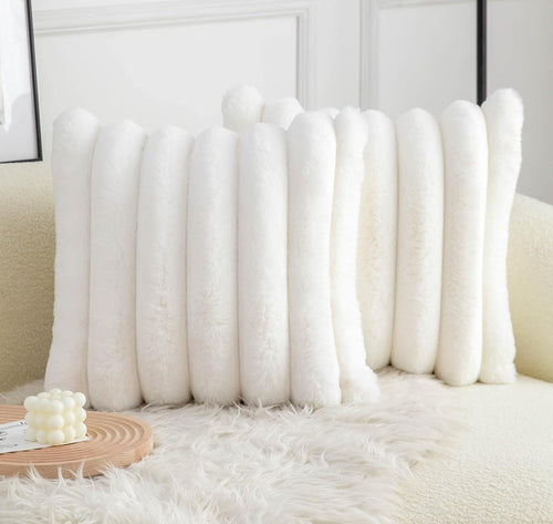 Neelvin Cream White Faux Fur Cozy Soft Striped Decorative Throw Pillow Covers 16x16 inch（40x40cm） Set of 2,Velvet Pillowcase Cushion Case for Sofa Couch