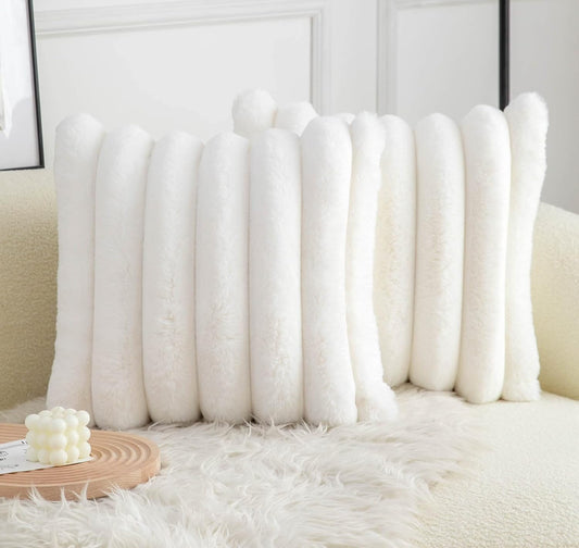 Neelvin Cream White Faux Fur Cozy Soft Striped Decorative Throw Pillow Covers 16x16 inch（40x40cm） Set of 2,Velvet Pillowcase Cushion Case for Sofa Couch