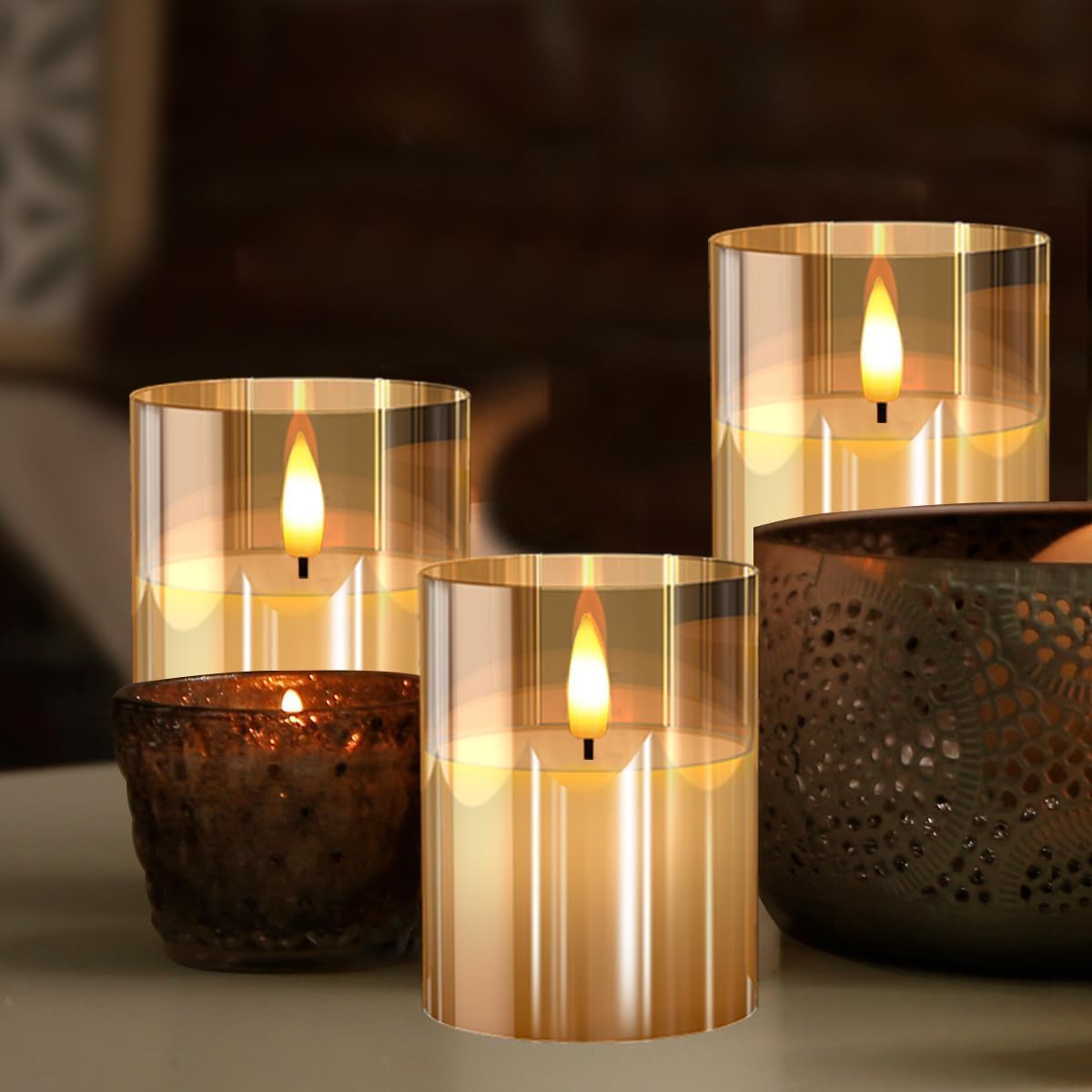 Glass Gold Real Wax LED Candles Flickering with Remote & Timer - Fake Candles Flickering Light, Battery Candles Set of 3, Festival, Room Decor, Home Decor [Energy Class A]