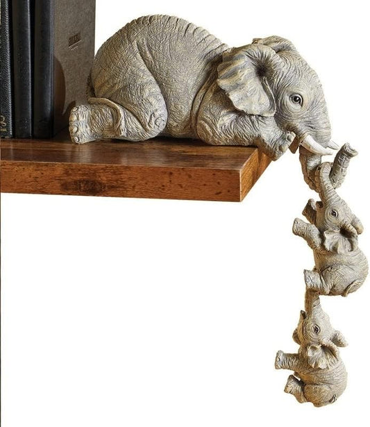 Elephant Shelf Sitter, Mother Elephant Hanging 2 Baby Elephants on the Edge Sitter Figurines Resin Collectable Figurines for Home Decor Gift, Grayish Brown (Resin-Elephant)