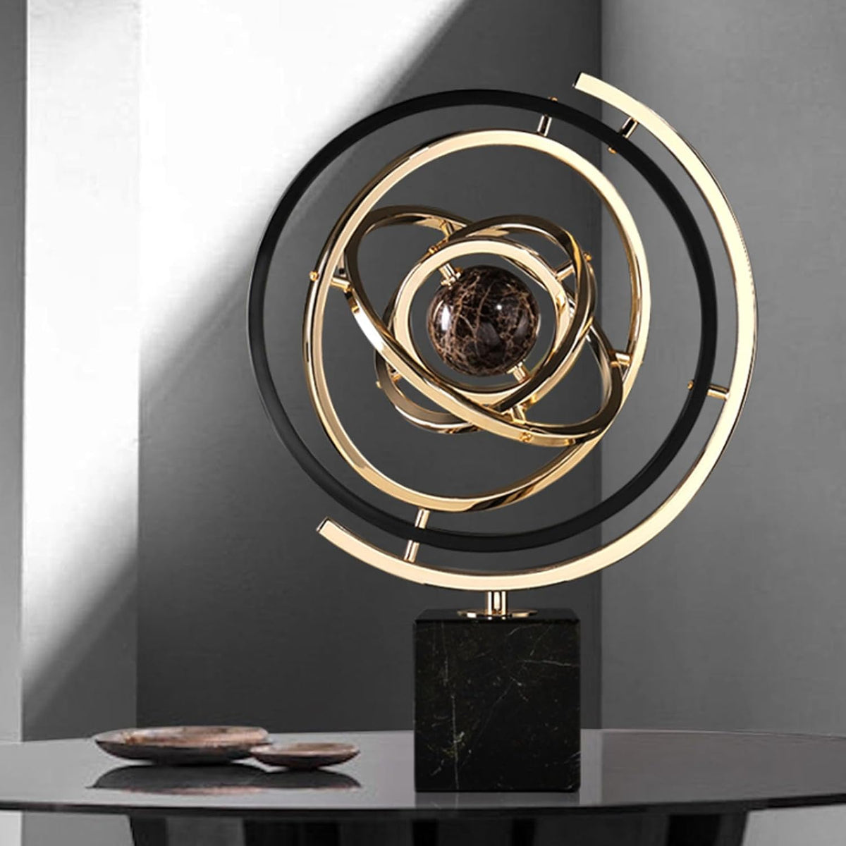 Modern Sculpture Decor, Abstract Art Metal Globe Ornament for Desk Office | Rotating Desktop Globe for Geographic Home Table Decoration Adult Decorative Book Shelf with Rectangle Stand, Black & Gold