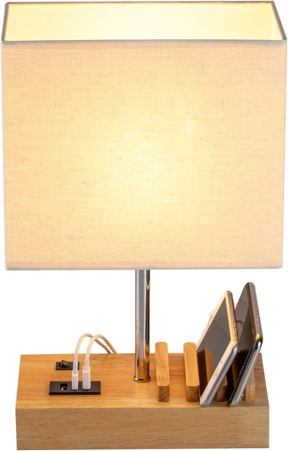 USB Bedside Table Lamp, HHome Plus Desk Lamp with 3 USB Charging Ports and Phone Charge Dock, Wood Charging Station and Organizer, Perfect Light for Bedroom, Guest Room, Living Room, Office