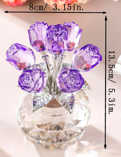 Crystal Purple Rose Bouquet Figurine - Premium Glass Flower Ornament with Gift Box - Perfect for Mother's Day, Birthday, Anniversary, Wedding - Elegant Home Decor, Collectible Gift (13cm tall)