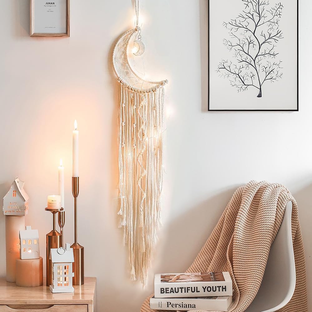 Macrame Wall Hanging with LED Light,Moon Dream Catcher Woven Tapestry Bohemian Home Decor Wedding Party Ornaments Craft Gifts Ramadan Decorations for Home