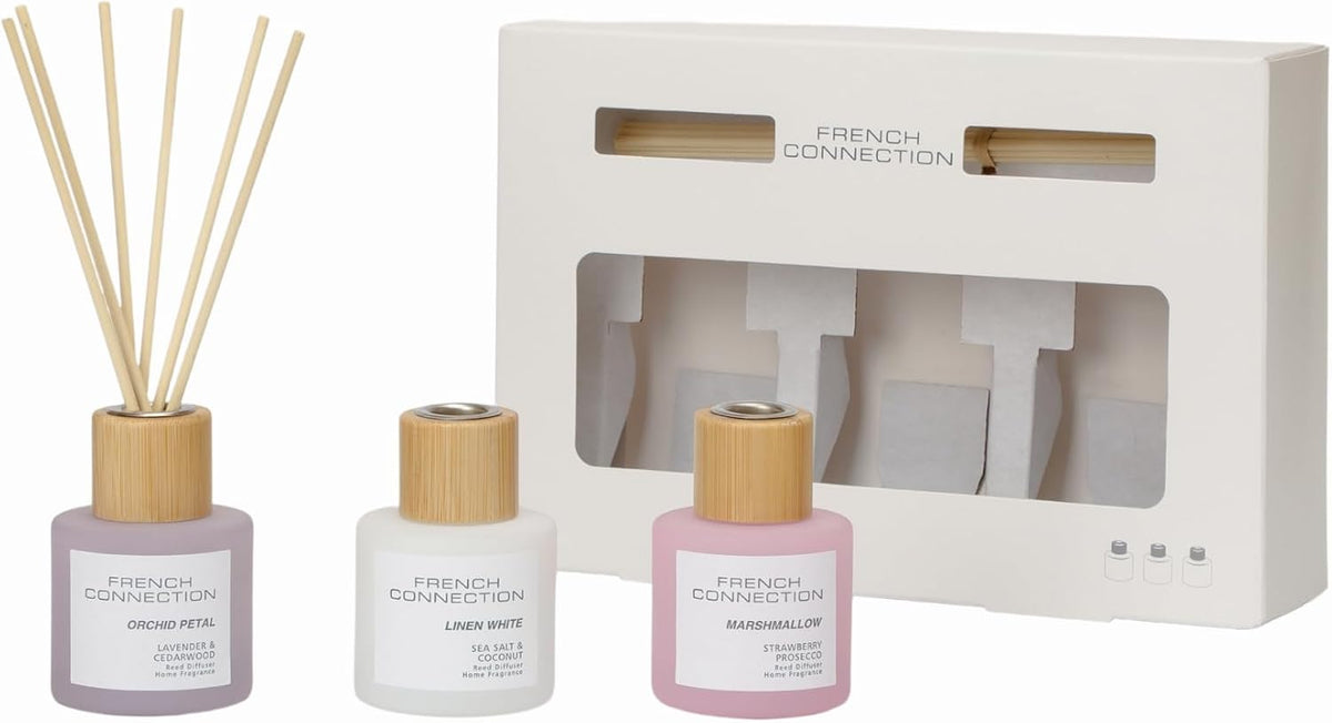 French Connection Pastel Reed Diffuser Gift Set Trio 3 x 50G - Home Fragrance Diffusers with Reeds, Decorative Diffuser Sticks for Living Room, Bathroom Decor, Room Freshener, Home Accessories