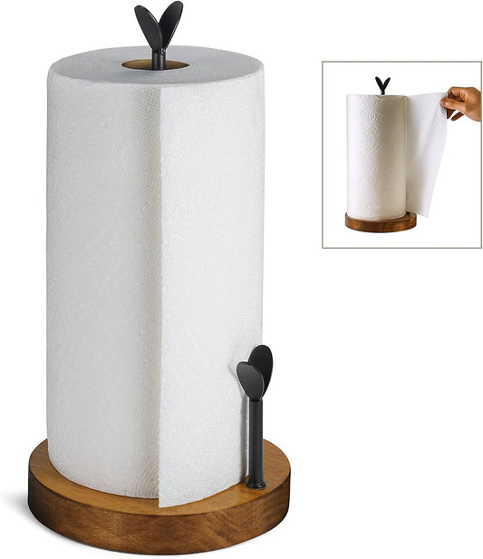 Farmhouse Countertop Kitchen Roll Holder - Wooden Paper Towel Holder Stand with One-Handed Tear, Rustic Weighted Base for Kitchen, Dining Table Home Decor | One-Hand Tear Design, Oak & Metal Weighted Base