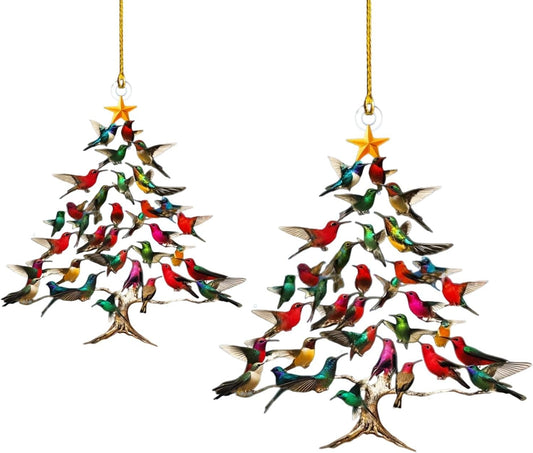 2Pcs Hummingbird Christmas Ornament - Stacking Bird Tree Decor, Colorful 2D Acrylic Handmade Hanging Ornament for Home, Hanging Ornaments Outdoor,Garden (Mini/Vintage/Novelty Style)