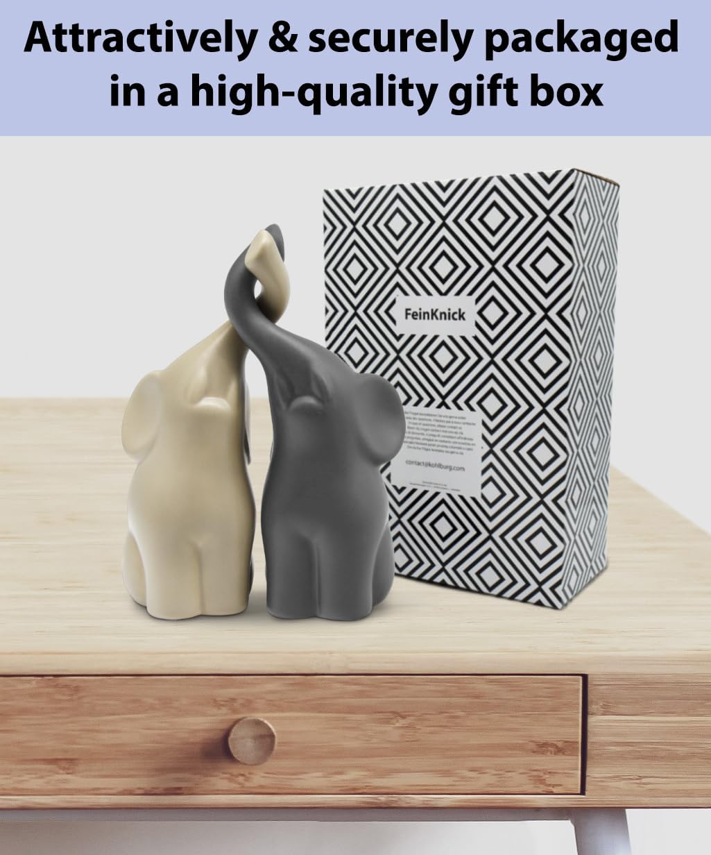 FeinKnick Harmonious Ceramic Elephant Couple in Beige & Grey – Modern Sculpture as a Pair of Two Individual Elephants – Decorative Figure 16 cm High – Elephant as a Gift