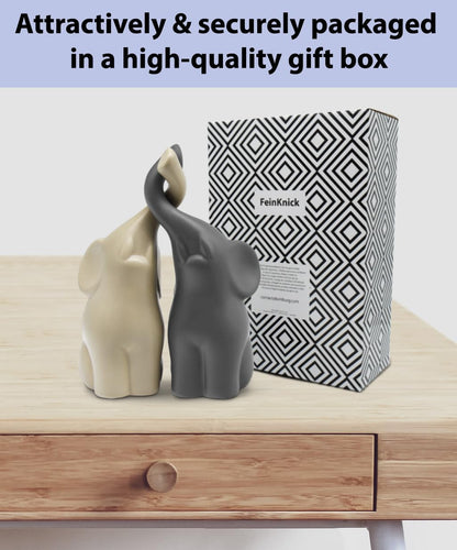 FeinKnick Harmonious Ceramic Elephant Couple in Beige & Grey – Modern Sculpture as a Pair of Two Individual Elephants – Decorative Figure 16 cm High – Elephant as a Gift