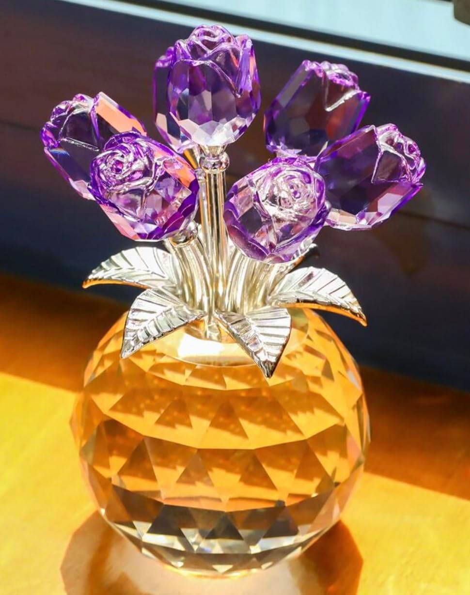 Crystal Purple Rose Bouquet Figurine - Premium Glass Flower Ornament with Gift Box - Perfect for Mother's Day, Birthday, Anniversary, Wedding - Elegant Home Decor, Collectible Gift (13cm tall)