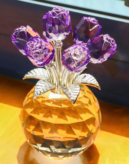 Crystal Purple Rose Bouquet Figurine - Premium Glass Flower Ornament with Gift Box - Perfect for Mother's Day, Birthday, Anniversary, Wedding - Elegant Home Decor, Collectible Gift (13cm tall)