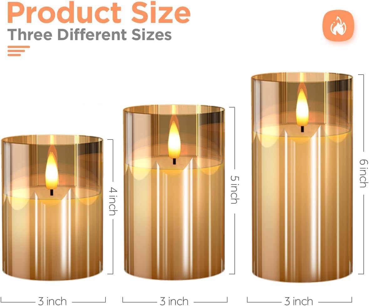 Glass Gold Real Wax LED Candles Flickering with Remote & Timer - Fake Candles Flickering Light, Battery Candles Set of 3, Festival, Room Decor, Home Decor [Energy Class A]
