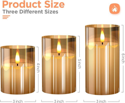 Glass Gold Real Wax LED Candles Flickering with Remote & Timer - Fake Candles Flickering Light, Battery Candles Set of 3, Festival, Room Decor, Home Decor [Energy Class A]