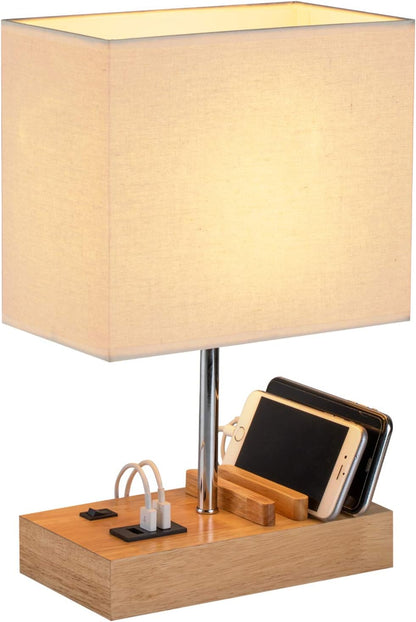 USB Bedside Table Lamp, HHome Plus Desk Lamp with 3 USB Charging Ports and Phone Charge Dock, Wood Charging Station and Organizer, Perfect Light for Bedroom, Guest Room, Living Room, Office