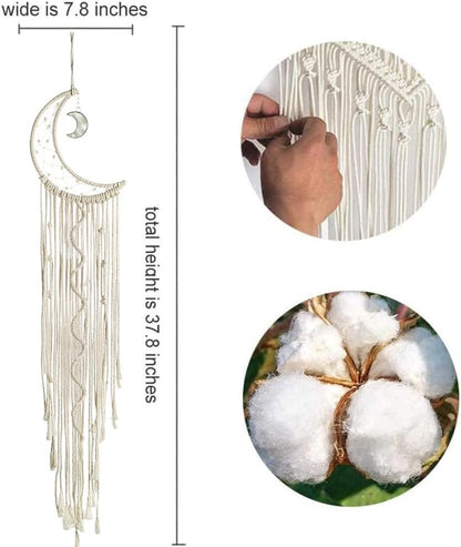 Macrame Wall Hanging with LED Light,Moon Dream Catcher Woven Tapestry Bohemian Home Decor Wedding Party Ornaments Craft Gifts Ramadan Decorations for Home