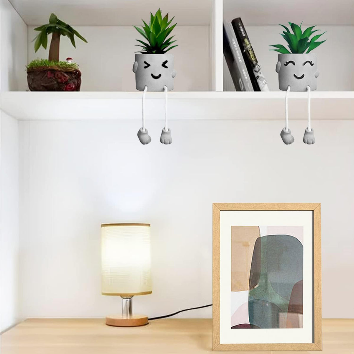 Funvalley Surperfect 2 Pack Cute Artificial Potted Plant Fake Plants Potted with Hanging Leg, Emotional Cement Faux Succulents Potted Plants Decor for Home Office Bookshelf Bathroom Shelf Table Desk