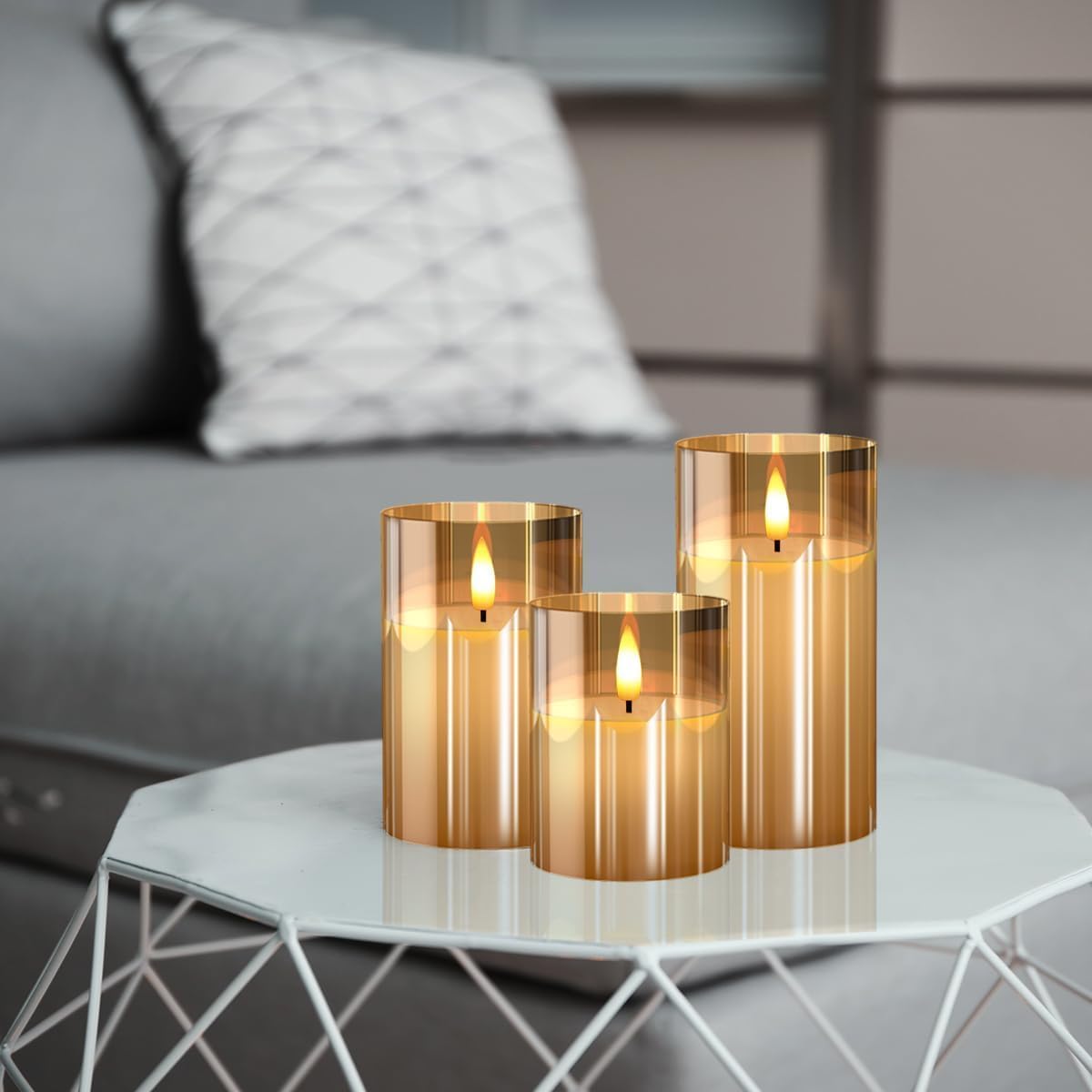 Glass Gold Real Wax LED Candles Flickering with Remote & Timer - Fake Candles Flickering Light, Battery Candles Set of 3, Festival, Room Decor, Home Decor [Energy Class A]
