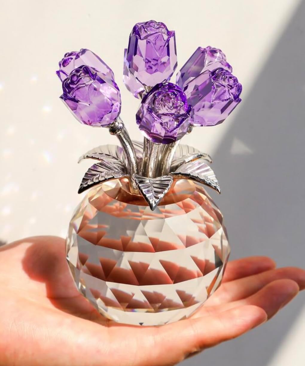 Crystal Purple Rose Bouquet Figurine - Premium Glass Flower Ornament with Gift Box - Perfect for Mother's Day, Birthday, Anniversary, Wedding - Elegant Home Decor, Collectible Gift (13cm tall)