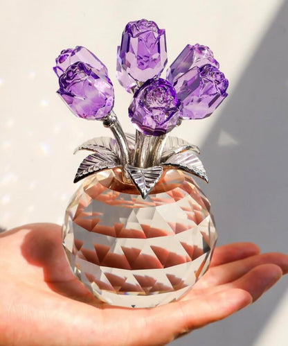 Crystal Purple Rose Bouquet Figurine - Premium Glass Flower Ornament with Gift Box - Perfect for Mother's Day, Birthday, Anniversary, Wedding - Elegant Home Decor, Collectible Gift (13cm tall)