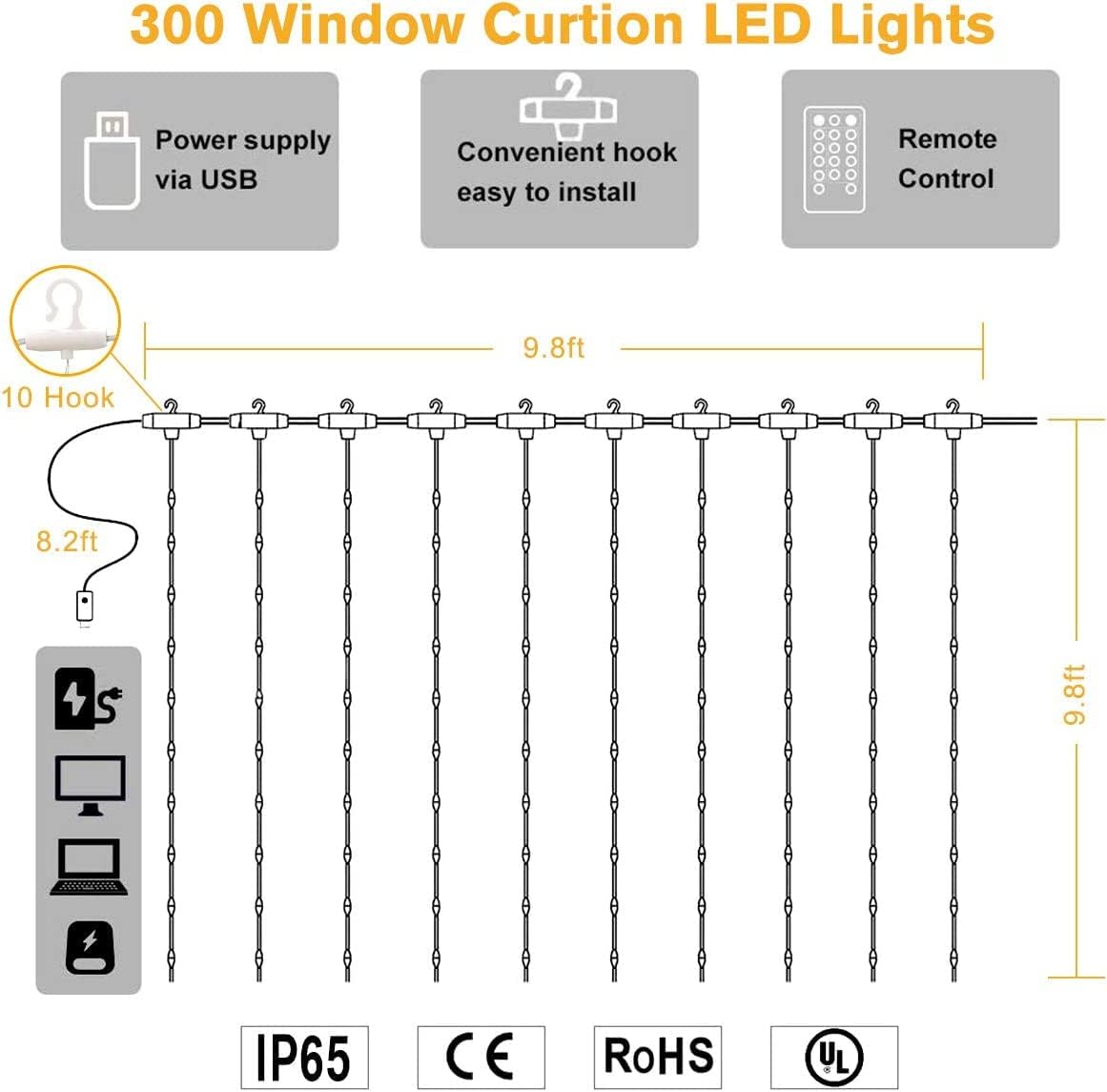 LED Window Curtain Fairy Twinkle Lights, 3mx3m 300leds USB Operated 8 Modes Icicle String Lights with Remote & Timer for Indoor Xmas Party Home Garden Decoration(Warm White) [Energy Class A++]