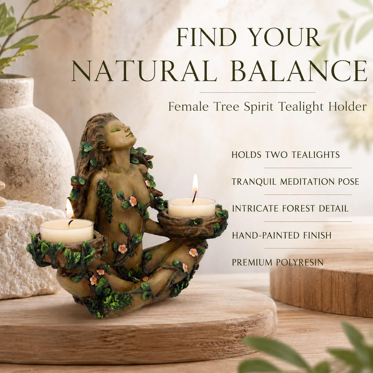 Balance of Nature Tree Spirit Double Tealight Holder 19cm, Brown | Hand-Painted Tree Spirit Candle Holder for Two Tealights