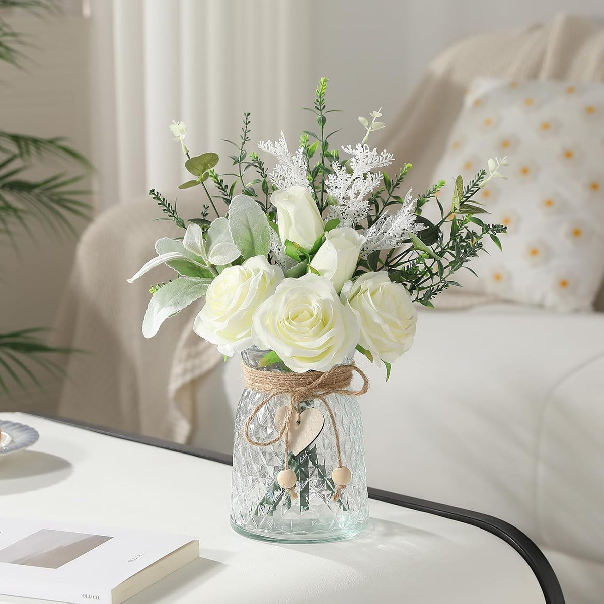 Faux Flowers with Vase Artificial White Rose Flowers in Vase Fake Eucalyptus Plant Floral Arrangement for Table Centerpieces, Home Kitchen Office Coffee Shop Decorations