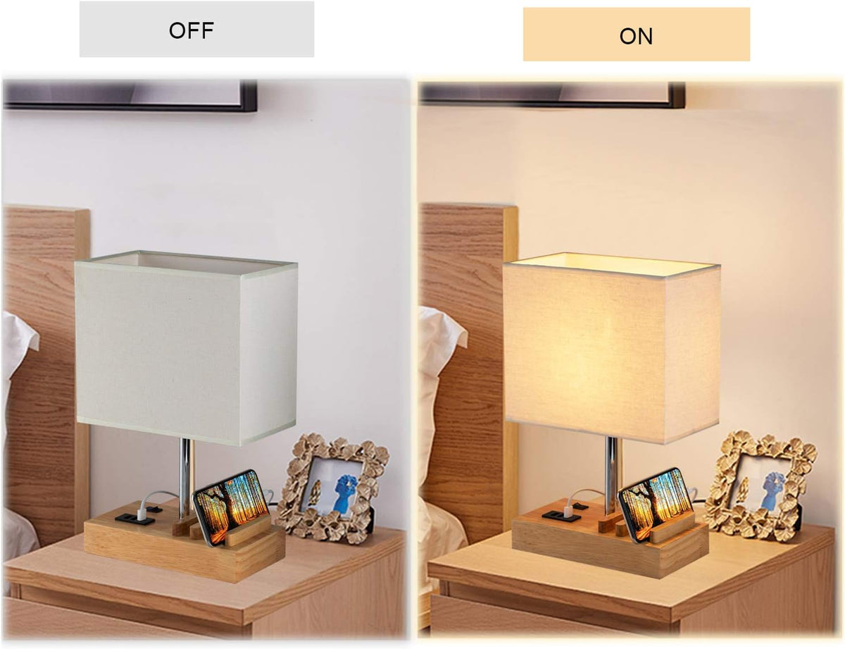 USB Bedside Table Lamp, HHome Plus Desk Lamp with 3 USB Charging Ports and Phone Charge Dock, Wood Charging Station and Organizer, Perfect Light for Bedroom, Guest Room, Living Room, Office