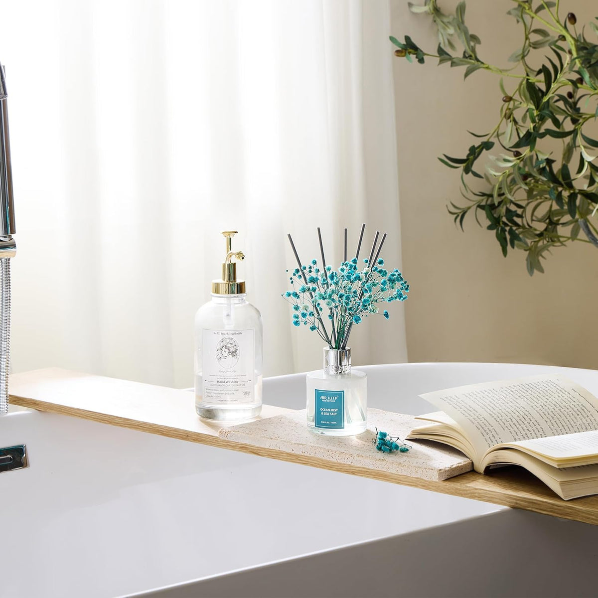 Airkeep Reed Diffuser Set 100ml, Ocean Mist & Sea Salt Oil Diffusers with 8 Reed Sticks, Home Fragrance Reed Diffuser for Bathroom Shelf Decor