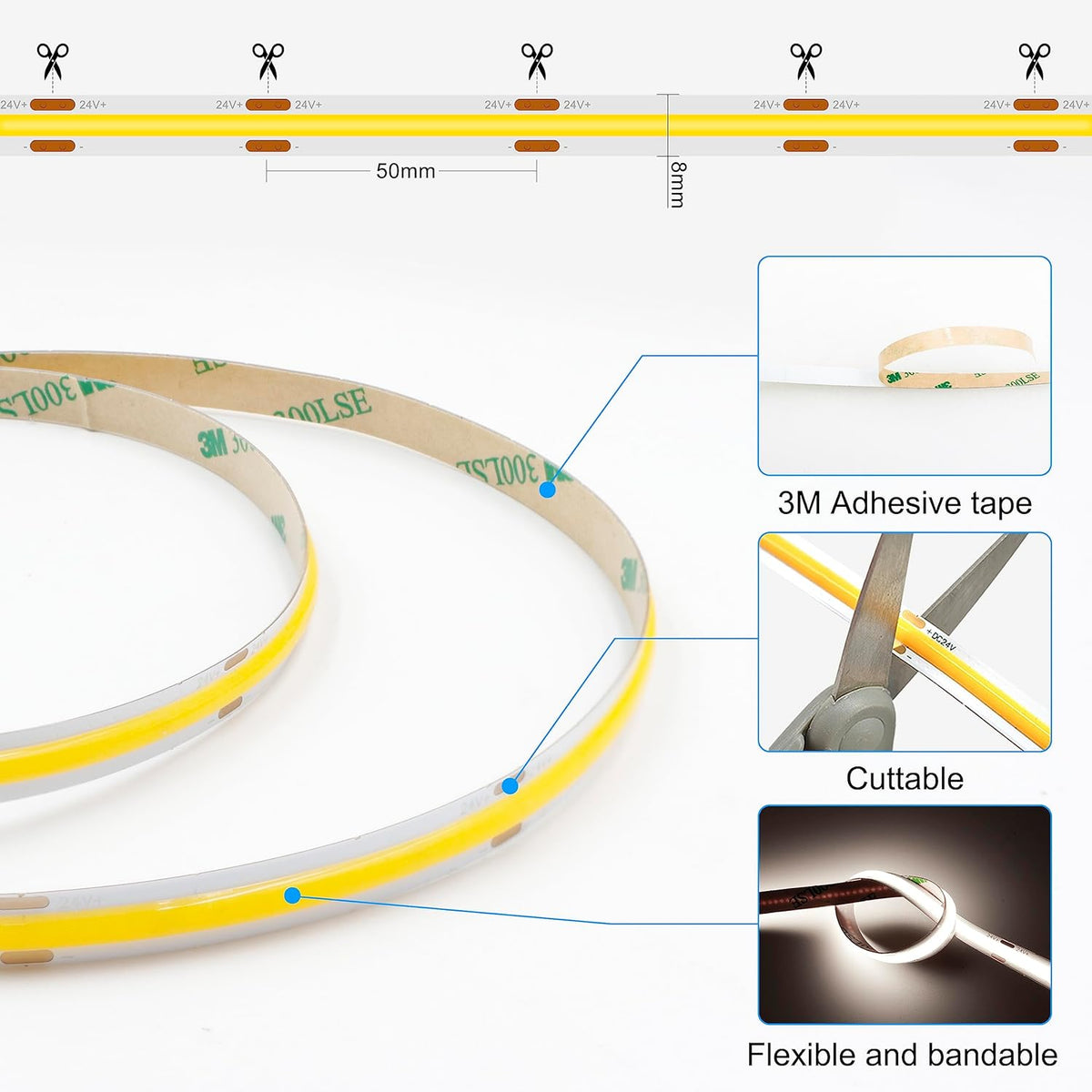 AXMOTUT COB LED Strip Lights 5m, 4000K Natural White Dimmable LED Strip, 1600 LEDs Super Bright DC24V LED Light Strip CRI90+ with RF Remote and UKCA Power Supply for DIY Home Decoration [Energy Class F]