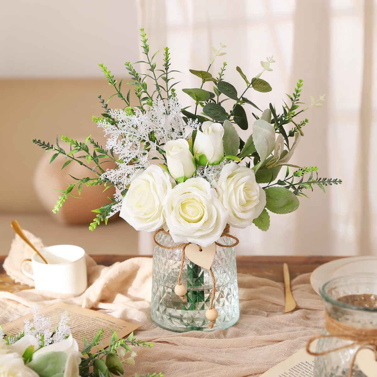 Faux Flowers with Vase Artificial White Rose Flowers in Vase Fake Eucalyptus Plant Floral Arrangement for Table Centerpieces, Home Kitchen Office Coffee Shop Decorations