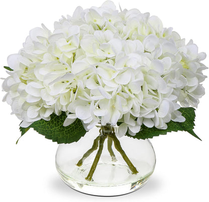 Oairse Hydrangea Artificial Flowers with Vase Silk Fake Hydrangea Flower in Glass Vase with Faux Water Real Touch White Faux Flower Arrangement for Home Bathroom Wedding Table Centerpiece Decoration